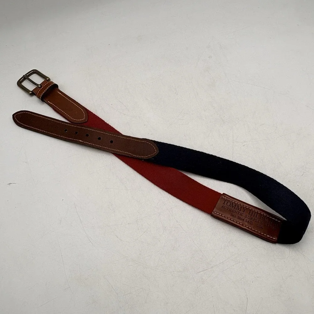 Vintage Tommy Hilfiger Leather Canvas 2-Tone Belt Blue Red USA Mens 32 Surplus